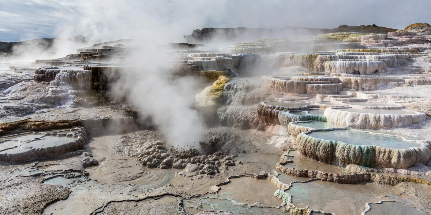 Active bubbling geothermal mud pool and steaming silica terraces in Rotorua New Zealand
