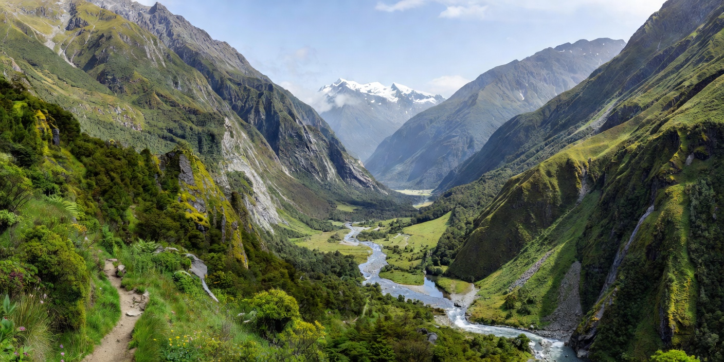 Expansive view of Clinton Canyon along the Milford Track in New Zealand