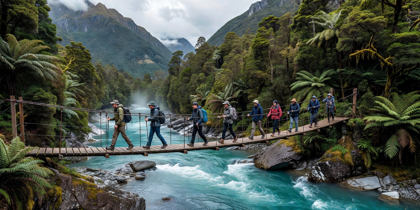 Hikers crossing a scenic suspension footbridge over a pristine glacial river on the Milford Track in New Zealand