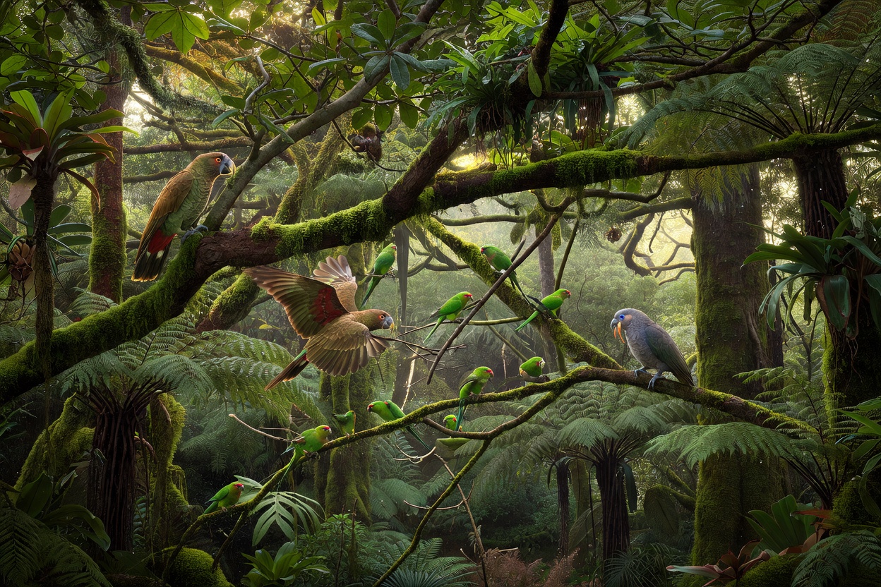 Lush native beech forest canopy habitat for endangered birds in New Zealand