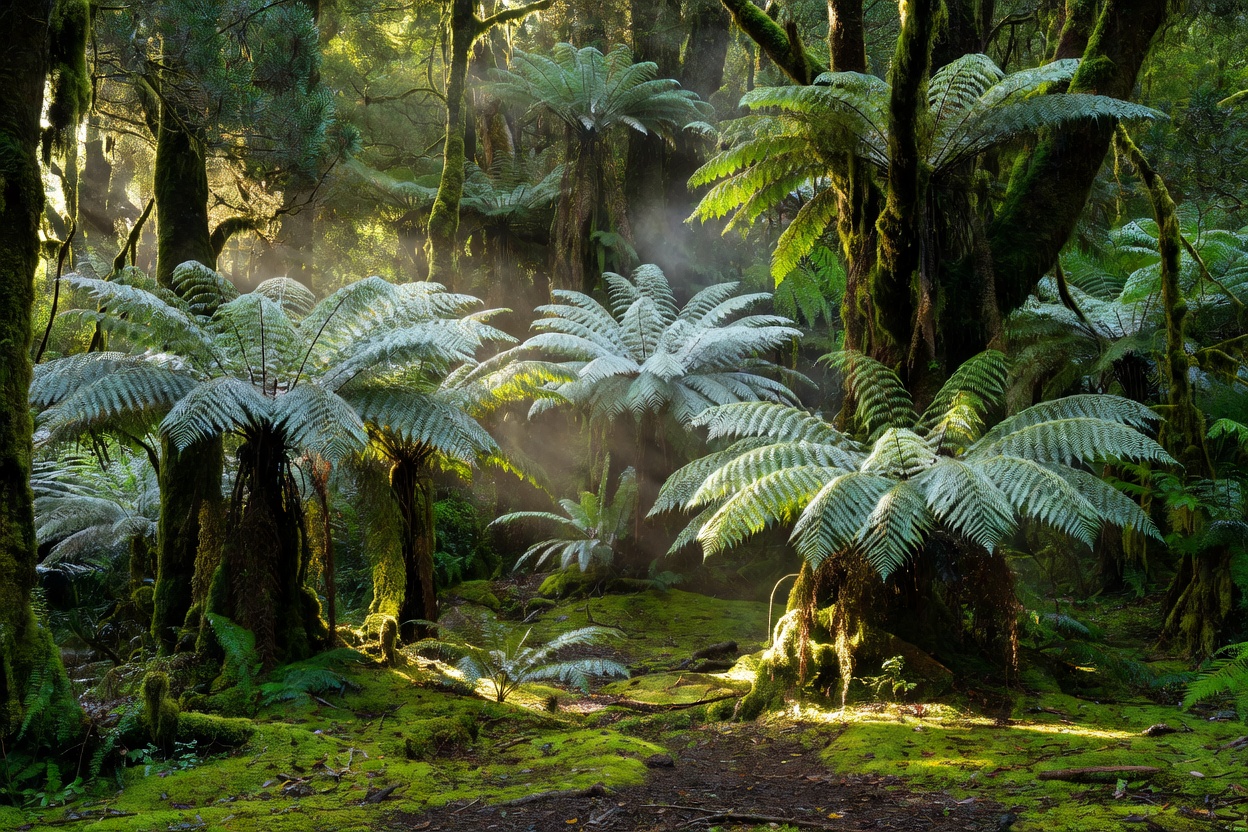 Lush native New Zealand silver fern and mossy podocarp rainforest