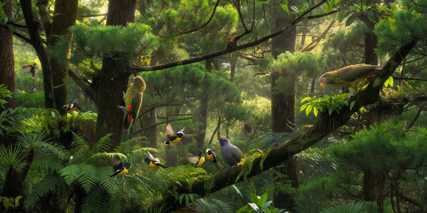 Lush podocarp native forest canopy providing safe sanctuary for endemic birds