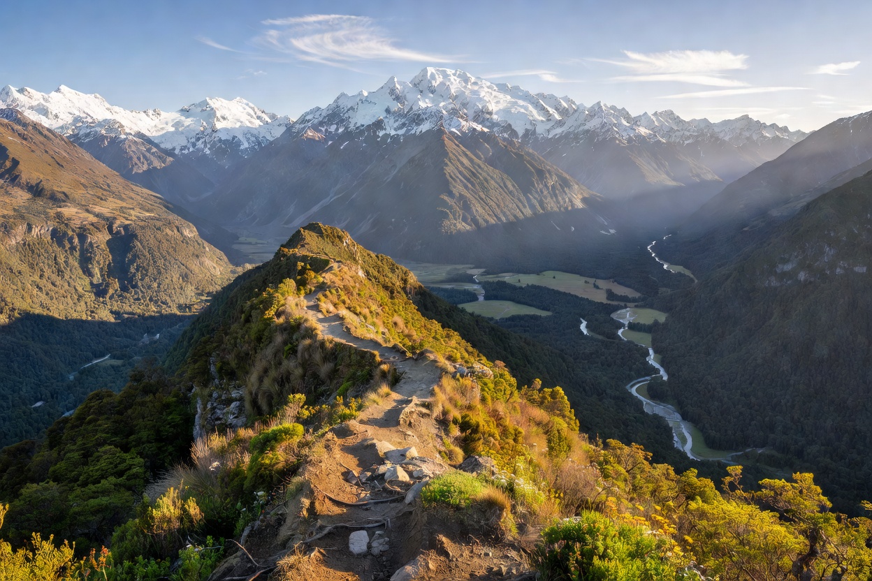Routeburn Track alpine vista overlooking the Hollyford Valley