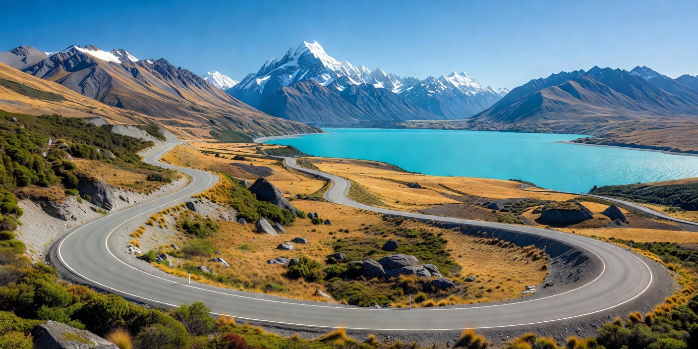 Scenic alpine highway winding toward turquoise Lake Pukaki and Mount Cook