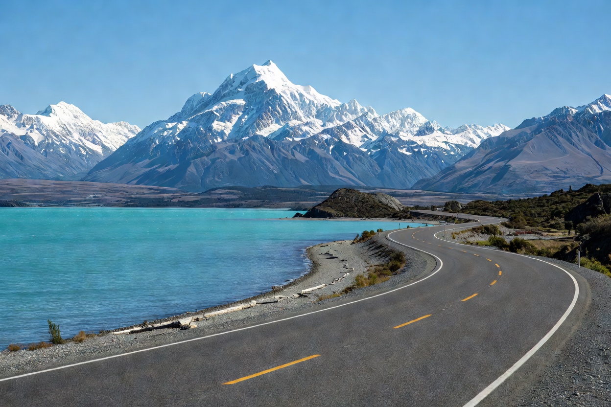 Winding scenic highway along Lake Pukaki leading towards Mount Cook New Zealand