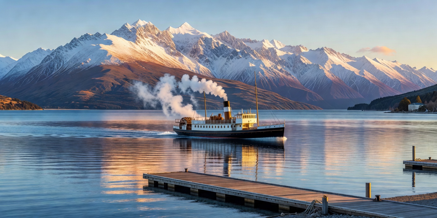 Scenic Queenstown shoreline with TSS Earnslaw steamship on Lake Wakatipu under the Remarkables mountain range