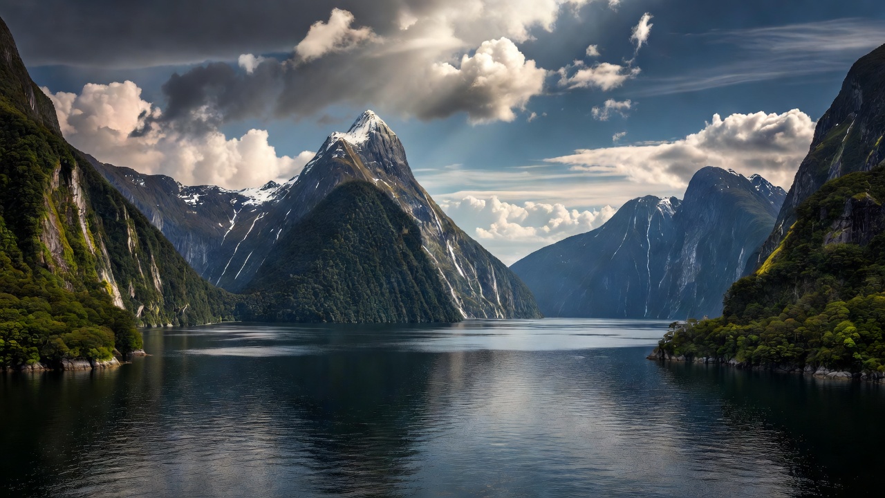 Spectacular view of Milford Sound with Mitre Peak in Fiordland National Park New Zealand