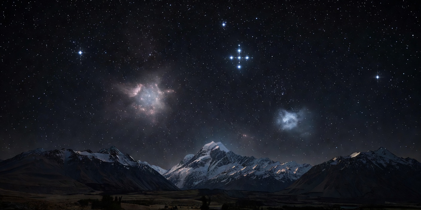 The Southern Cross and Magellanic Clouds star clusters glowing in dark skies over Aoraki Mount Cook National Park