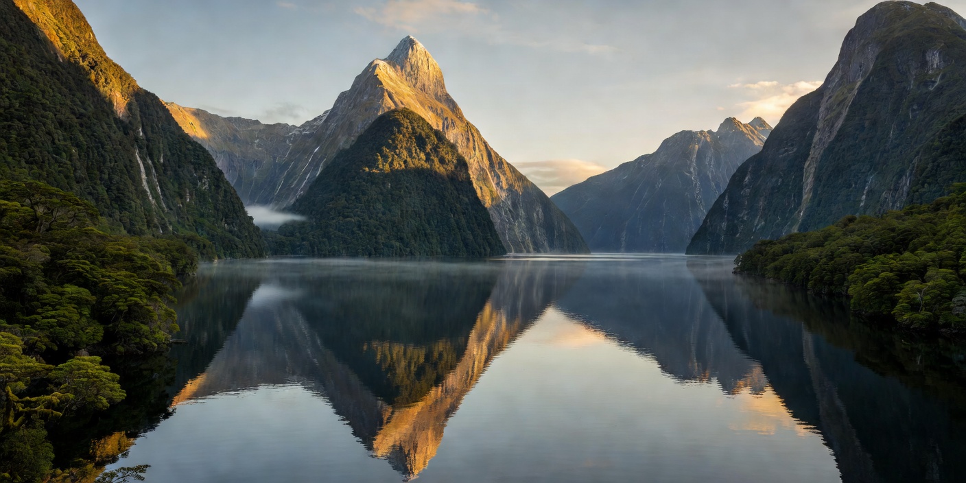 Towering Mitre Peak rising above mirror-calm fjord waters at Milford Sound in Fiordland National Park