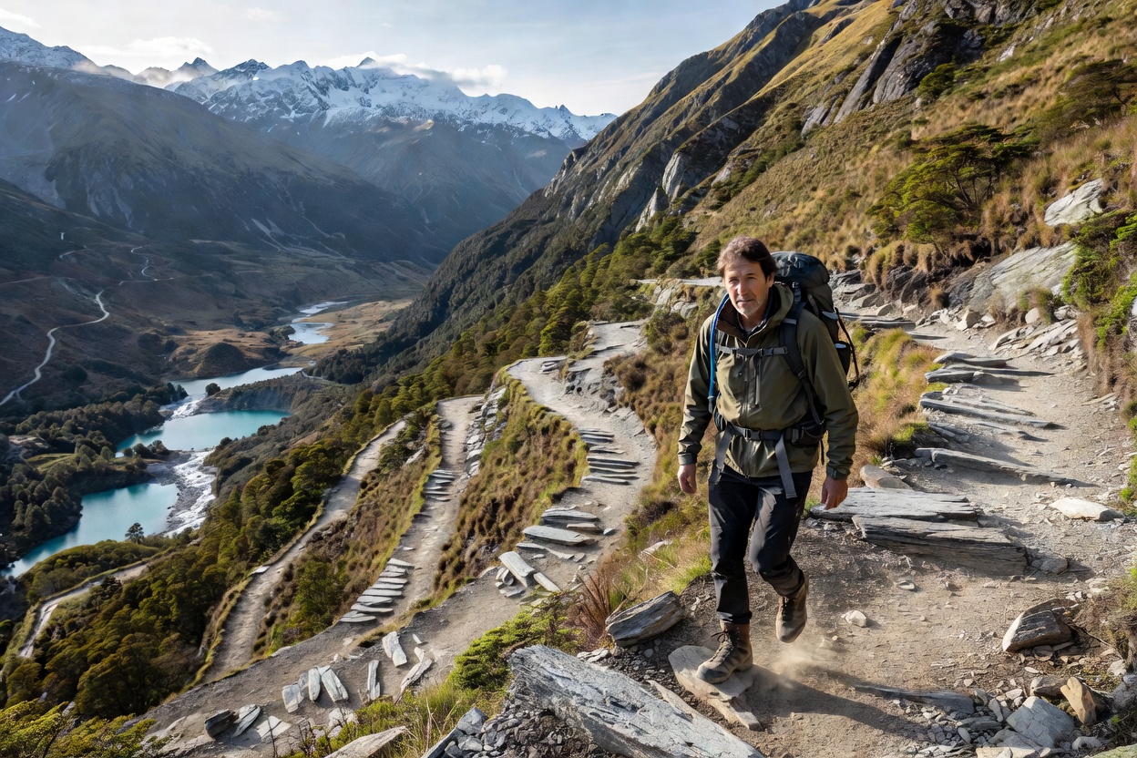 Hikers traversing Clinton Valley on the Milford Track in New Zealand