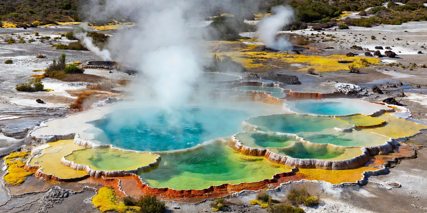 Vibrant geothermal mineral springs with steaming waters in Rotorua New Zealand