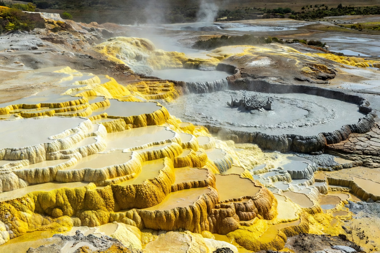 Steaming geothermal springs and mineral terraces in Rotorua New Zealand